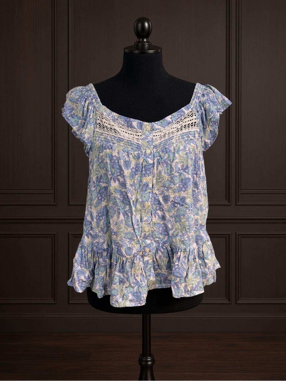 Lucky Brand Floral Ruffle Top – Blue – Size S